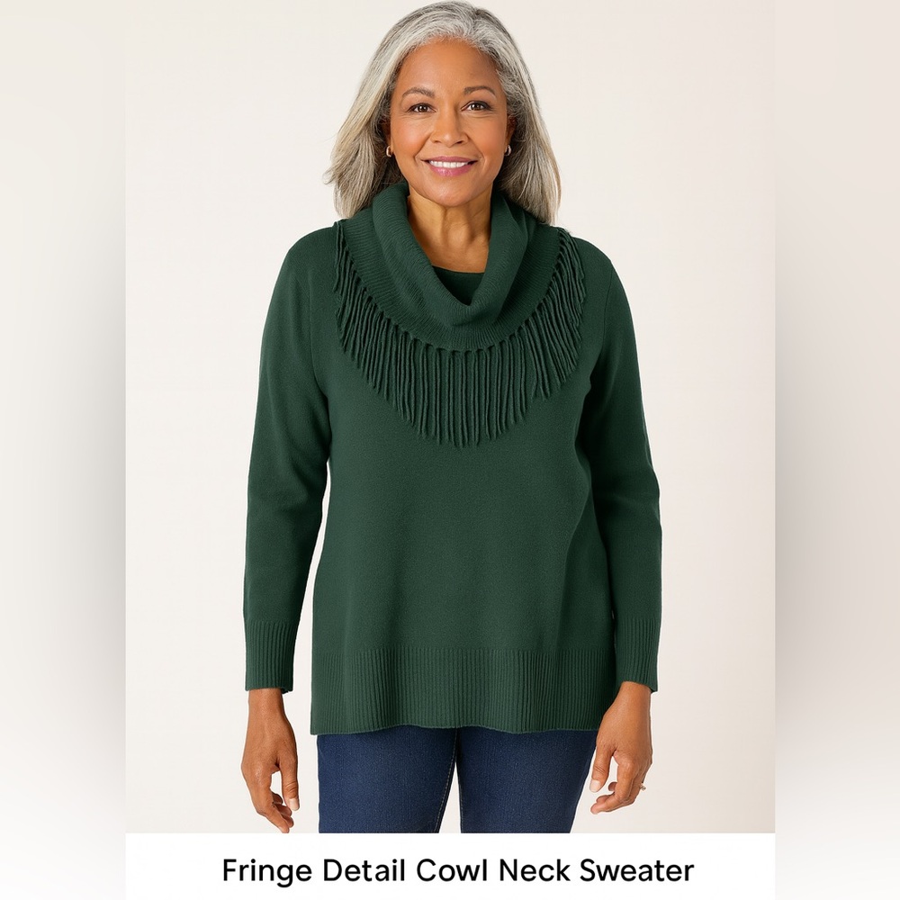 Drapers & Damons Forest Green Fringe Cowl Neck Sweater